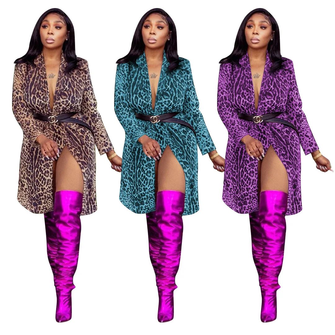 

Пальто женское, с леопардовым принтом и длинными рукавами