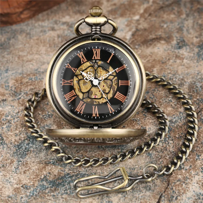 Retro Bronze Wooden Frame Half Hunter Unisex Handwinding Mechanical Pocket Watch Roman Number Dial Design Pendant FOB Chain Gift