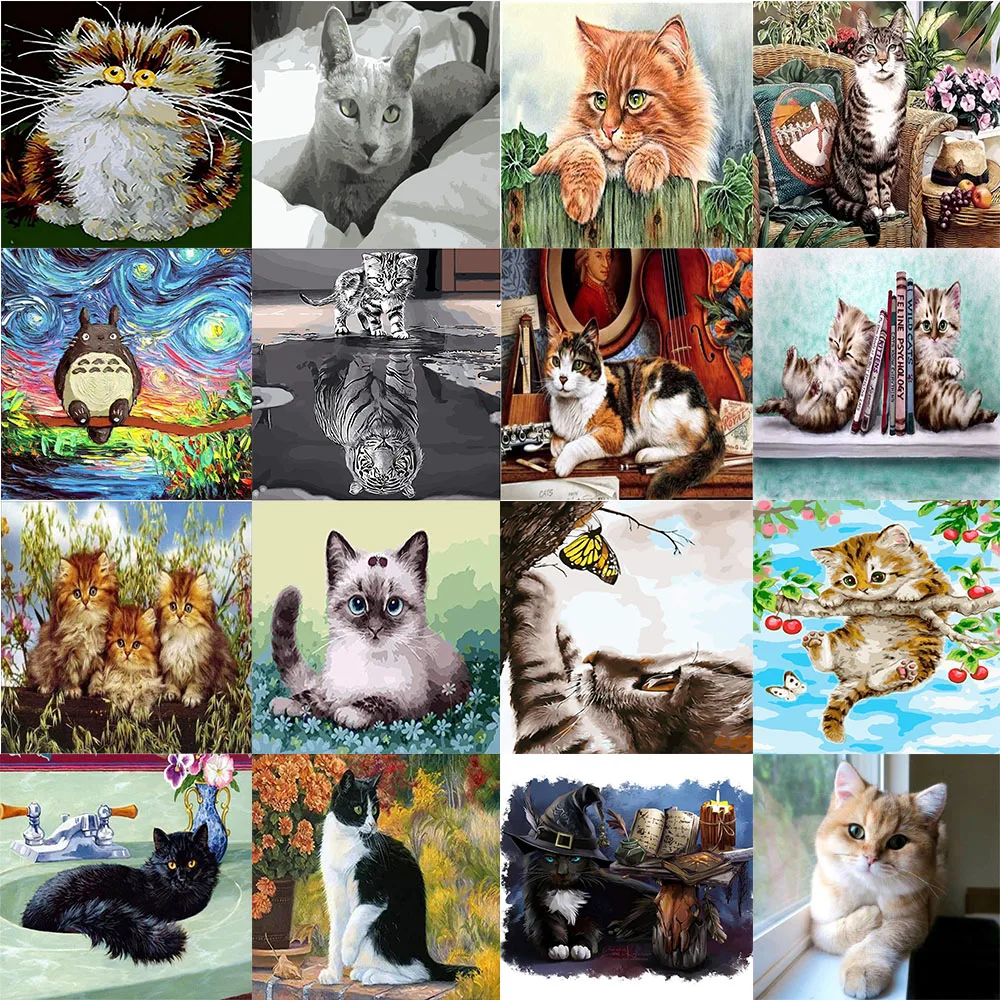 

Отражение кошки DIY Краска ing по номерам Акриловая Краска на холсте Современная Настенная художественная Раскраска по номерам домашний деко...
