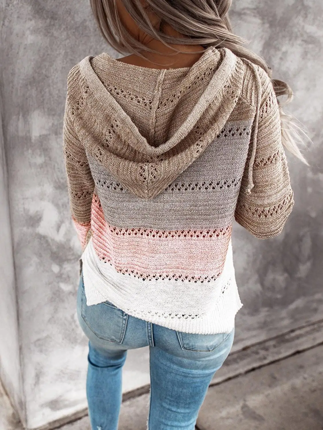 

New Women Sweatshirt 2020 Knitted Hoodies Casual Patchwork V-Neck Long Sleeves Striped Hooded Sweatshirt Blusas Tops Streewear