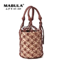mabula hollow out cotton top handle bag bucket design drawstring vintage crossbody purse for women simple handbags