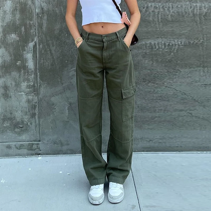 Roslight Green Vintage Baggy Jeans Women Pockets Wide Leg Cargo Pants Streetwear Casual Low Waist Denim Straight Trousers 2021 |