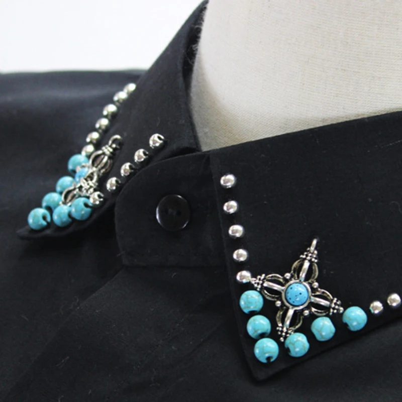 

Korean Women Handmade Beading Turquoise Lapel False Fake Collar Button Down Detachable Black Half Shirt Decorative Jewelry Top