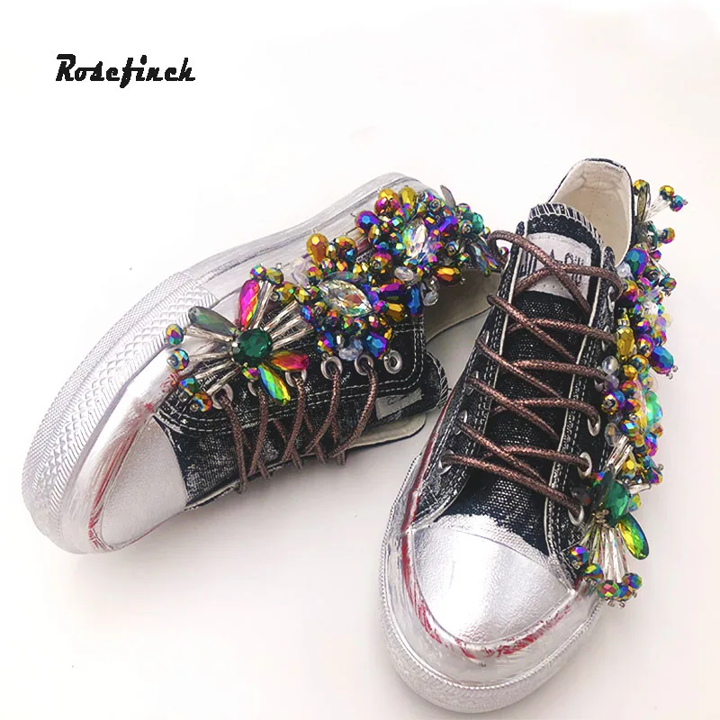 Женские парусиновые туфли стразы оригинальные модные кроссовки ручной работы с