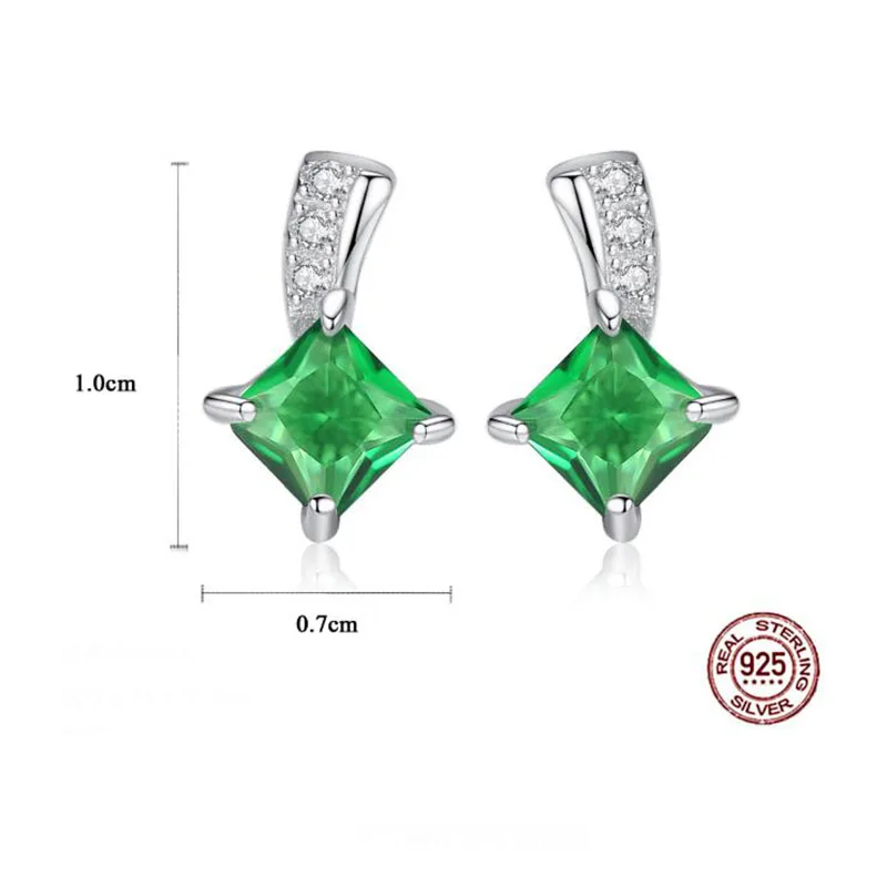

925 Sterling Silver Fashion Square Emerald Gemstone Silver Stud Earrings Lady Green CZ Crystal Earrings for Women Fine Jewelry