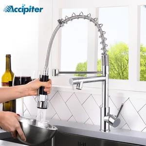 brushed nickel spring pull down kitchen sink faucet hot cold water mixer faucets double outlet deck mounted 360 swivel handle free global shipping