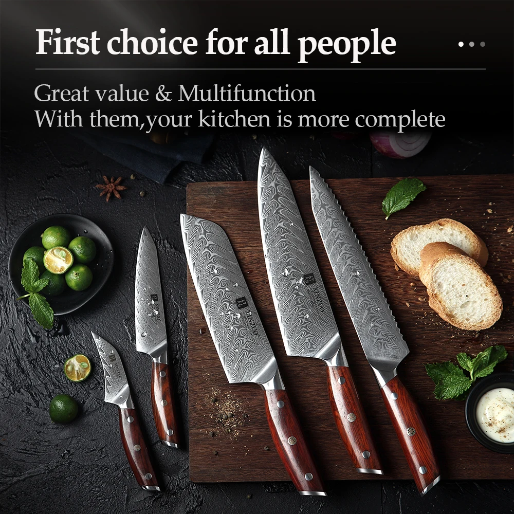 

XINZUO 5 PCS Knife Set High Quality Carbon Damascus Stainless Steel Japanese Series Damascus Chef Santoku Bread Utility Knives