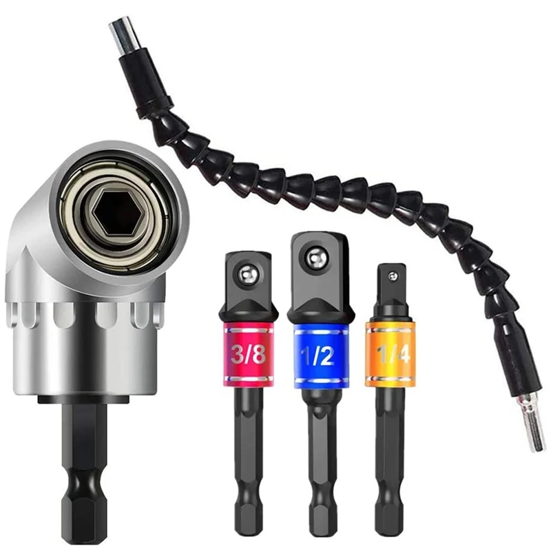 

Drill Bit Set, 1X Flexible Drill Bit Extension, 3Pcs Socket Adapter, 1/4Inch Hex Shank 105° Right Angle Drill Adapter
