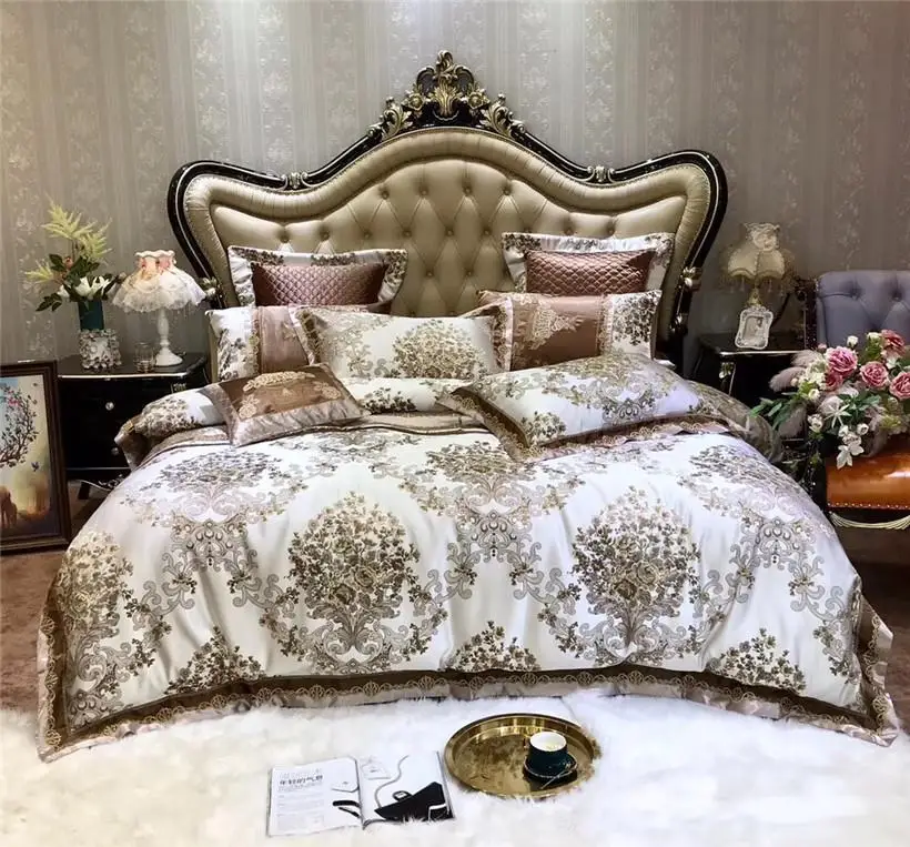 

4/6/10Pcs Luxury Premium Floral Jacquard Bedding Set Queen King size Satin Like Silk and Cotton Duvet cover Flat sheet Bedspread