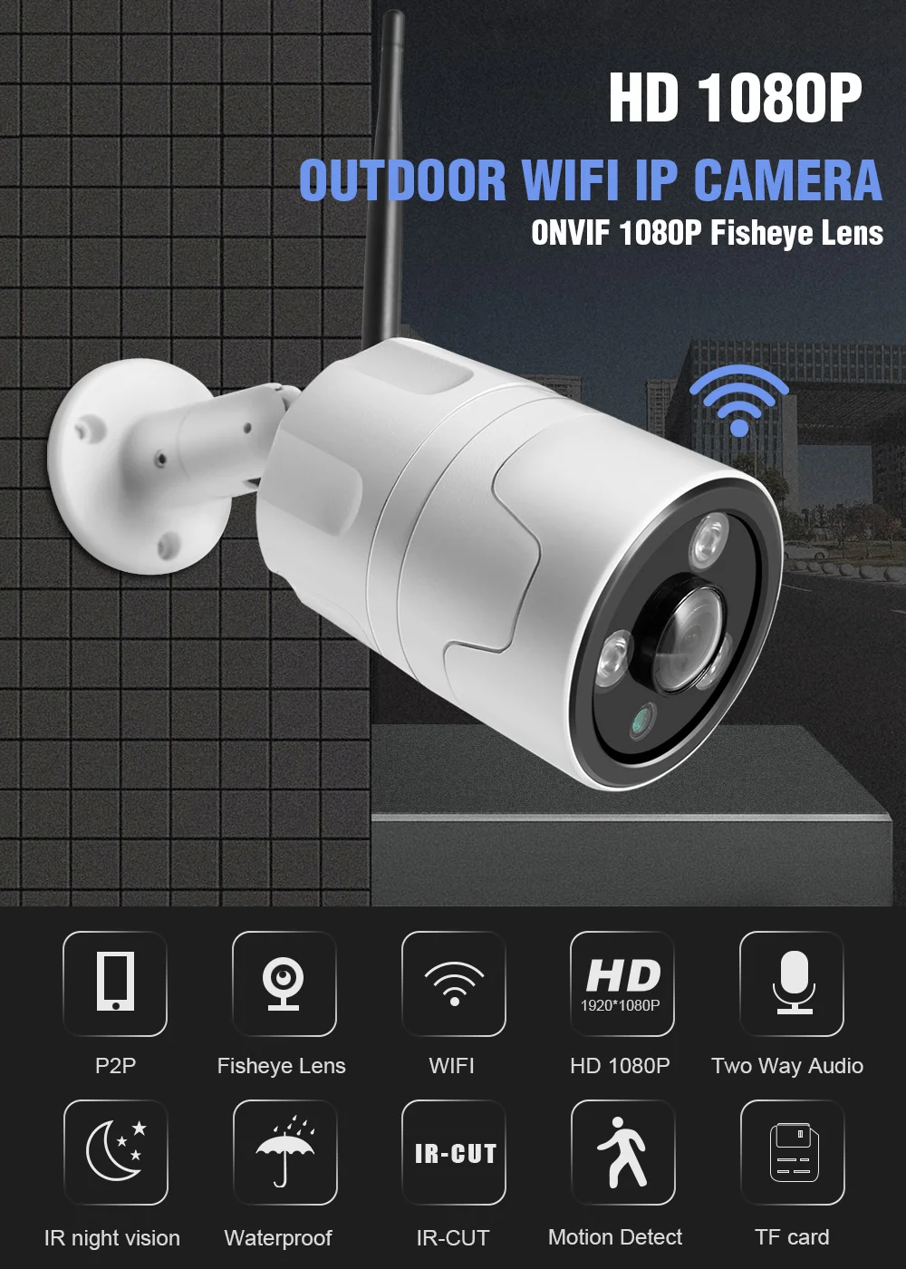 2MP HD 1080P ip-камера безопасности WiFi "рыбий глаз" Беспроводная сетевая камера видео Видеонаблюдение ИК ночного видения CCTV наружная пуля камера
