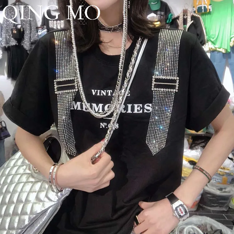 Женская футболка с буквенным принтом QING MO черная или белая летняя ремешком