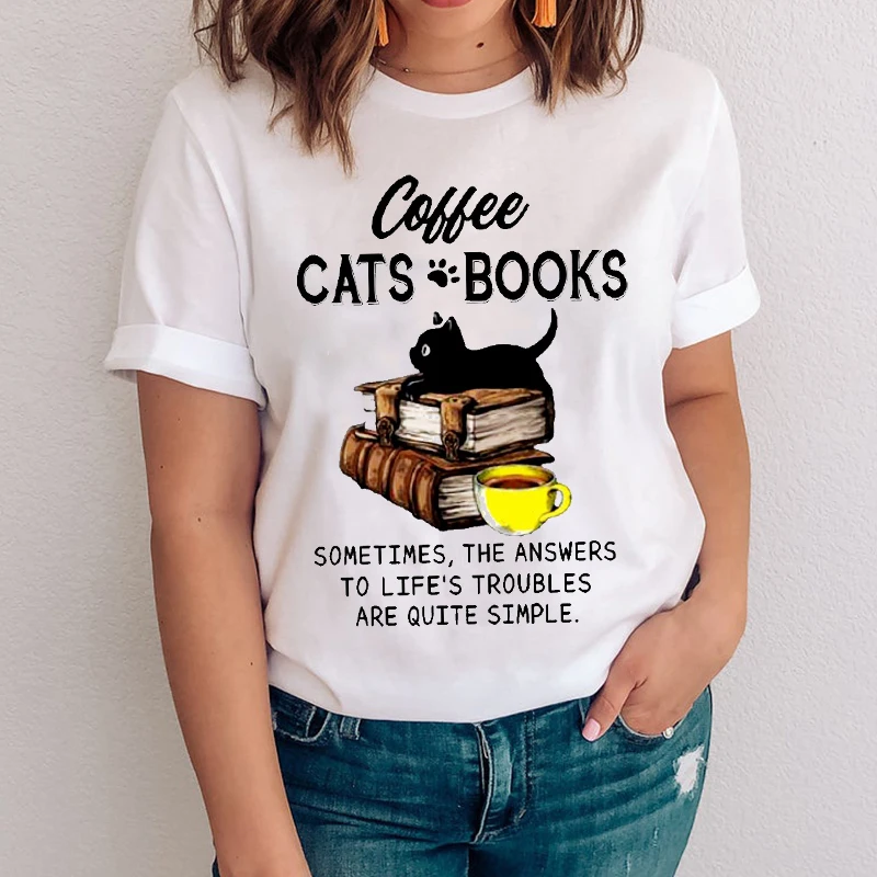 

Women Graphic Funny Kawaii Cat Coffee Paw Animal 90s Cartoon Lady Clothes Tops Clothing Tees Print Female Tshirt T-shirt