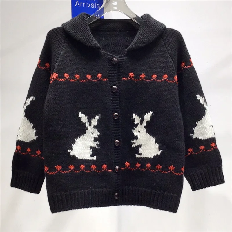 

Женский короткий шерстяной кардиган, вязаный мягкий черный свитер с принтом кролика, осень 2021