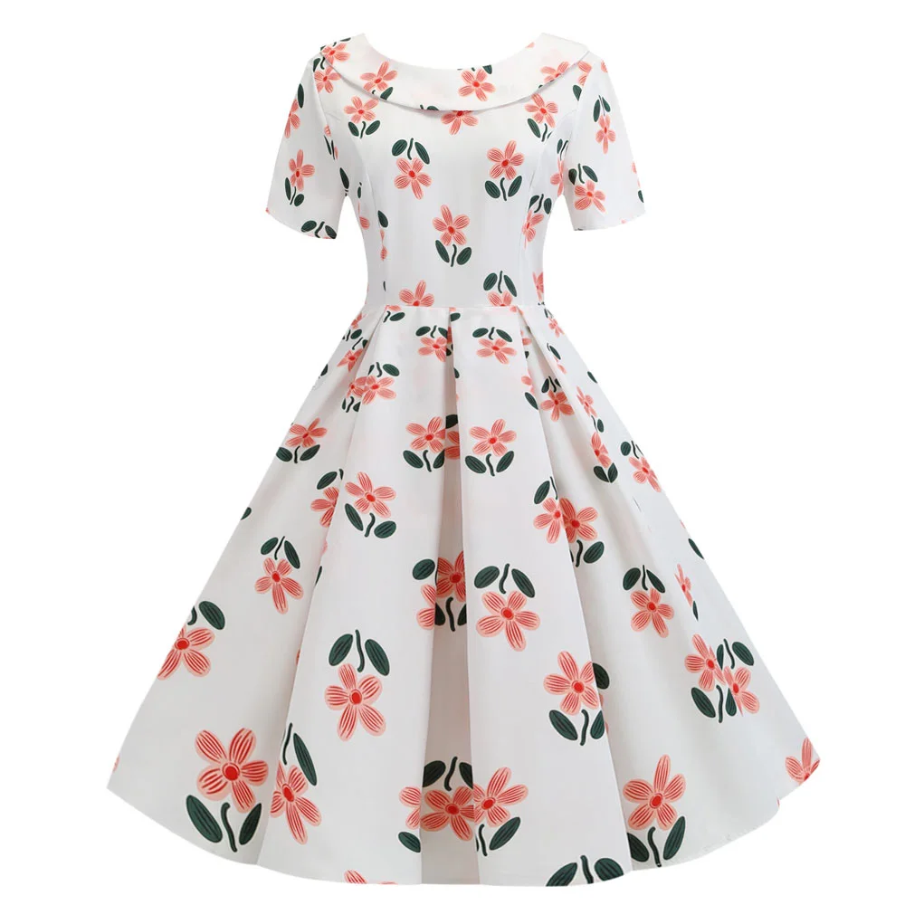 

Short Sleeve Summer Dress SP0200 Print Retro Swing Vintage Women Blue Yellow Dress