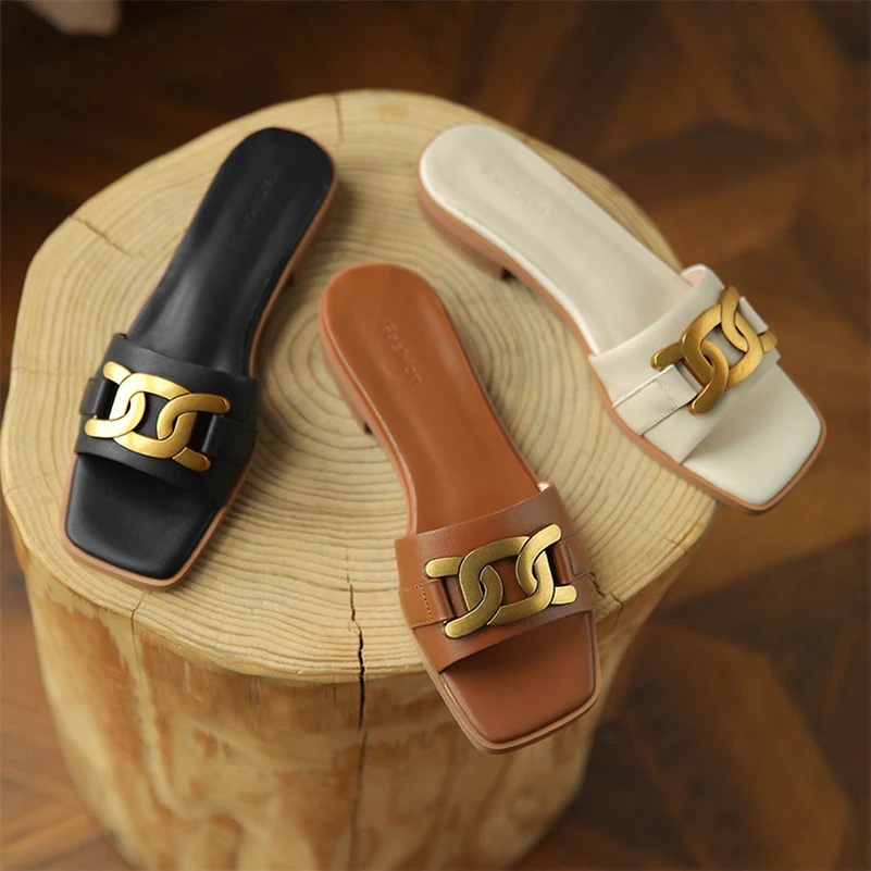 

ANNYMOLI Women Slippers Shoes Real Leather Sandals Metal Decoration Flat Slides Square Toe Cow Leather Ladies Footwear Summer