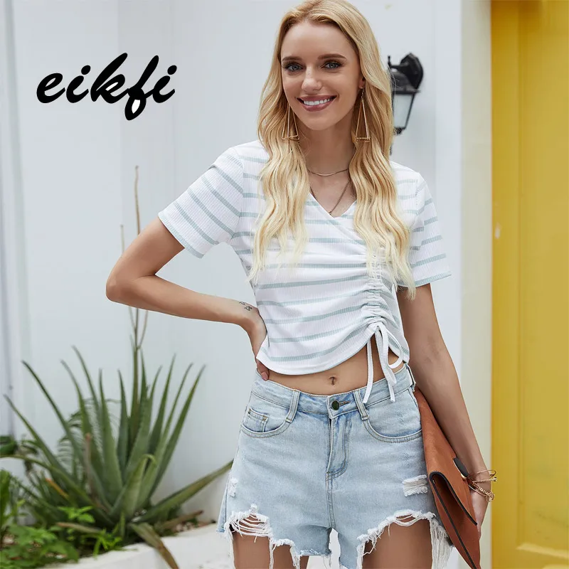 

EIKFI, женские бело-зеленые полосатые футболки, летние женские повседневные трикотажные топы и рубашки с V-образным вырезом и коротким рукавом