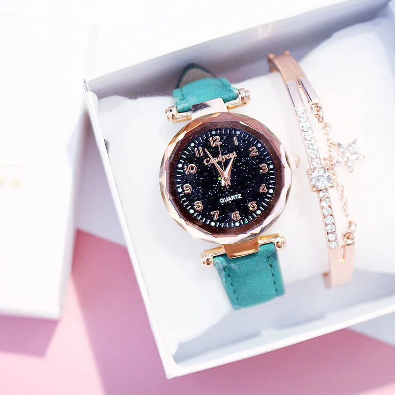 Green Color Bracelet Модный Звездный браслет с изображением неба, часы, повседневные женские часы, браслеты, набор кожаных аналоговых кварцевых наручных часов, часы для женщин - Цвет: Green Color Bracelet