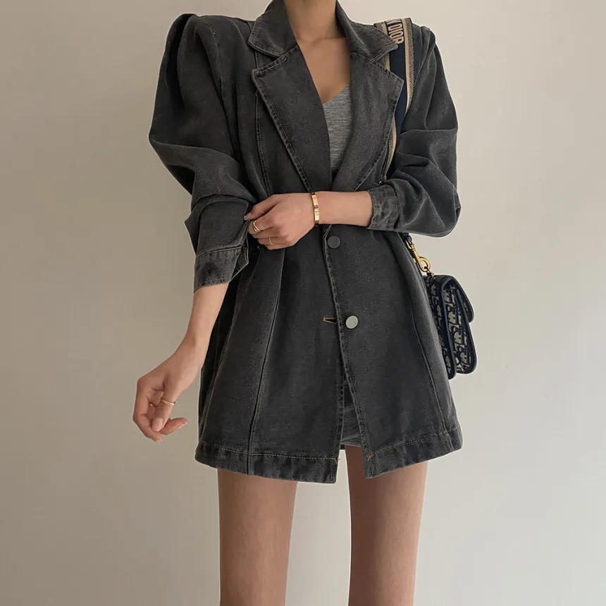 

Autumn Korea Cardigan Long Sleeve Blue Streetwear Jeans Jacket 2021 New Back Split Loose Denim Blazers Coat For Women Harajuku
