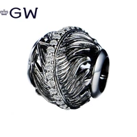 gw black retro feather clear crystal charms s925 sterling silver beads fit original bracelet diy jewelry making
