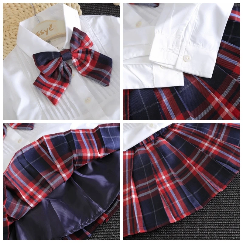 

Girl Dress Princess Dresses For Class Uniforms Kids Clothes Bow T-shirt Vestidos Plaid Children Costume Clothing 2pcs Sukienka