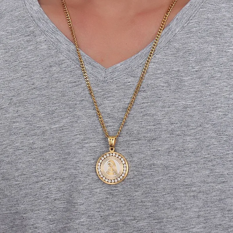 

Virgin Mary Round Medal Necklace Stainless Steel Lucky Gold Color Blessed Virgin Mary Pendants Necklaces Women Vintage Jewelry