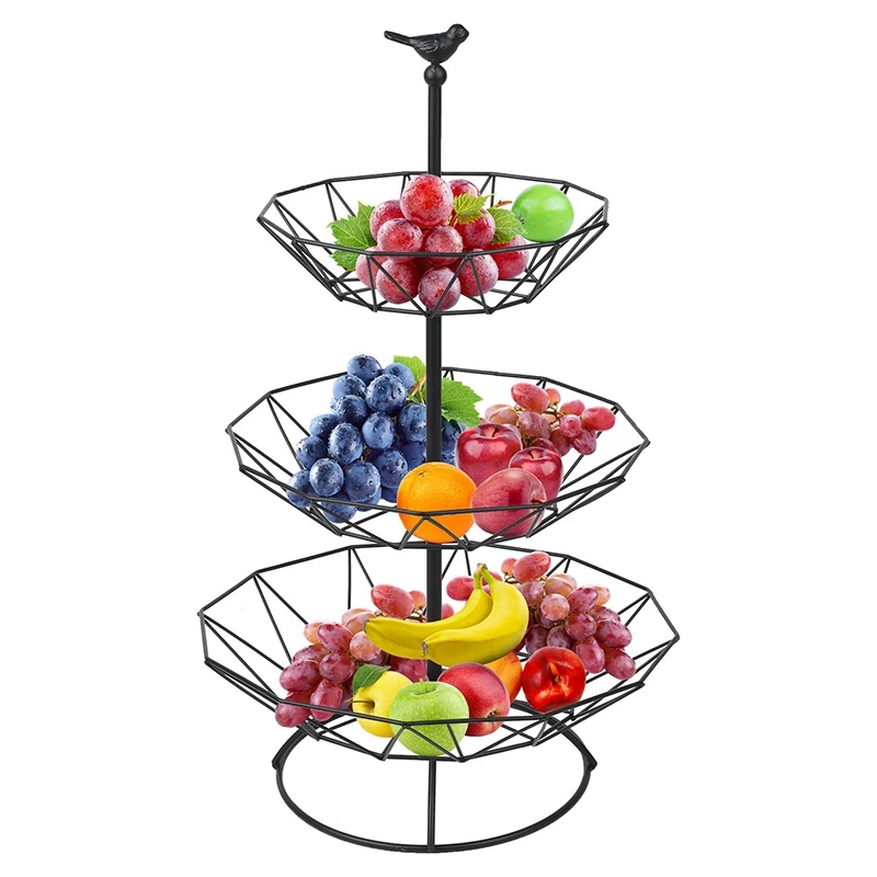 

Countertop Fruit Basket Holder Decorative Tabletop Stand Perfect for Vegetables, Snacks, Household Items, 3 Tier Black