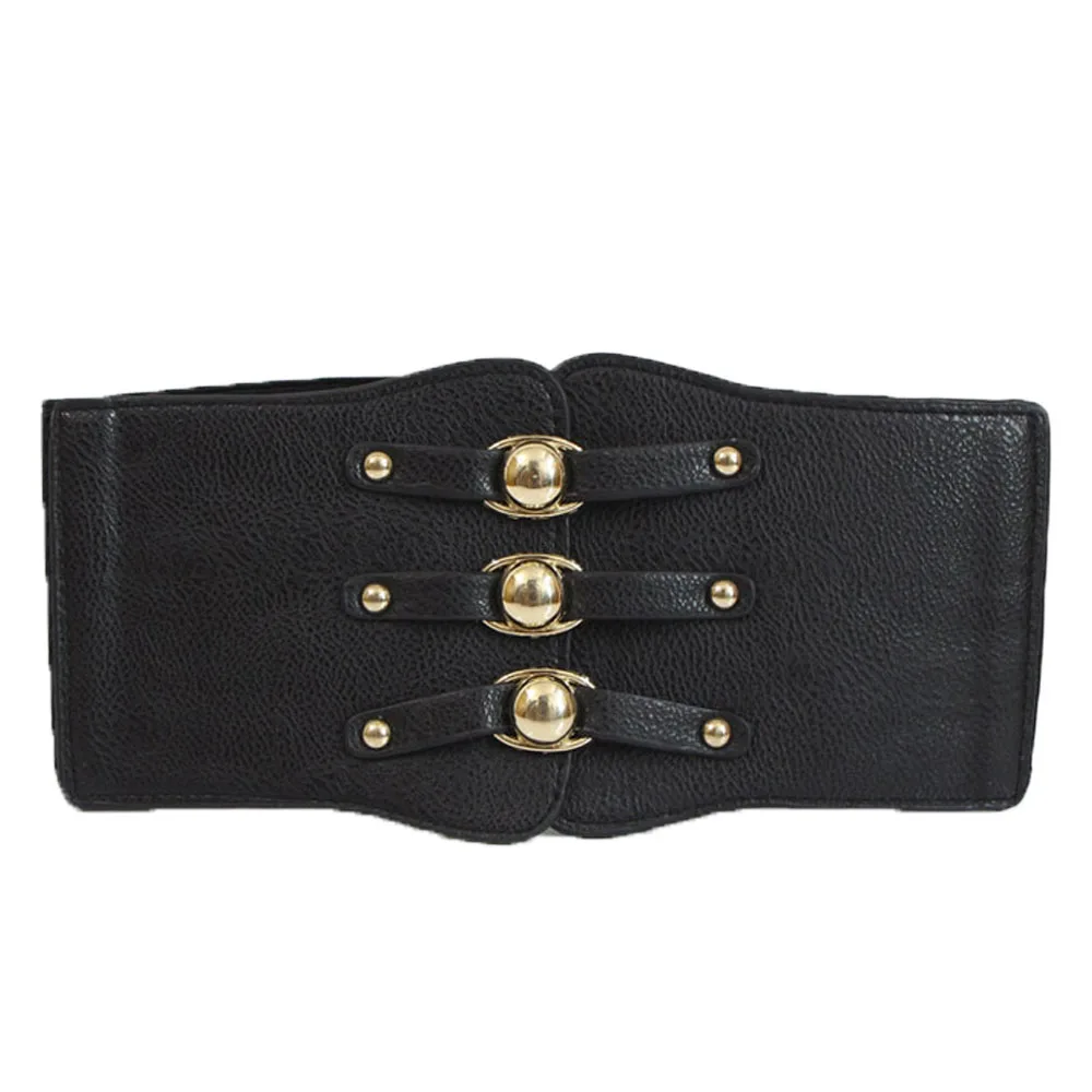 

New Fashion Lady red Waist Belt Extra Wide Corset gold Metal Ring Dress Cummerbund Black PU leather Elastic Waistband for dress