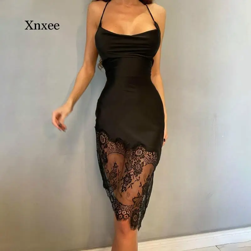 

Летнее женское сексуальное кружевное мини-платье с лямкой на шее, вязаное платье без рукавов для клувечерние, осенняя уличная одежда, Пляжн...