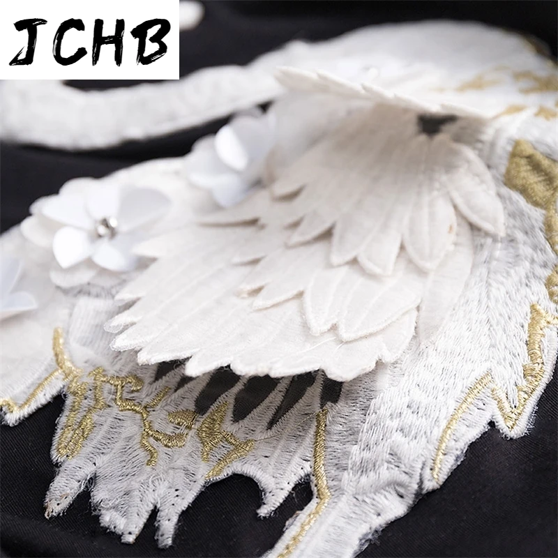 

Summer 2021 Women Casual Embroidered T Shirts 3D Black Swan Beading Full Sleeve Tees Feminino Woman Solid Leisure T-shirt Tops