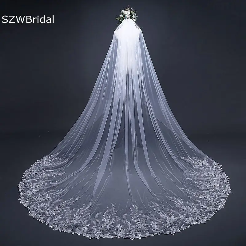 

New Arrival Ivory Cathedral Wedding Veil Appliques Lace Bridal veils Voile mariage Cheap Weed accessories Voile femme musulman