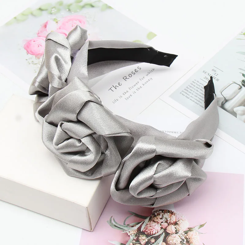Grey(Satin) Однотонный Шифоновый Цветок Розы ободки для женщин девушек элегантные повязки для волос невесты женские аксессуары для волос вечерние праздничные волосы обруч - Цвет: Grey(Satin)