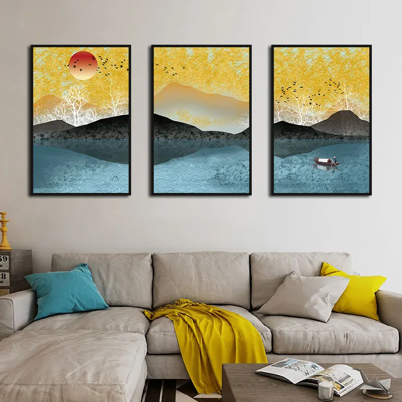 

Wall Art Abstract Paintings Golden Blue Sky Mountain Lake Nordic Canvas Posters Prints Living Room Bedroom Corridor Decoration