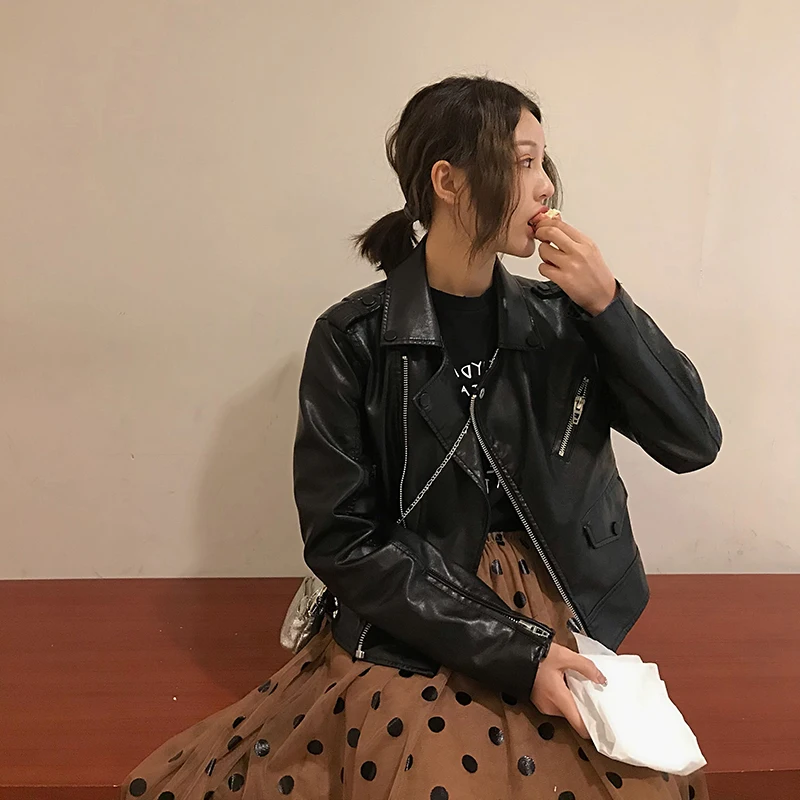 

Spring 2021 Long Sleeve Slim Short Black Faux PU Leather Jacket Streetwear Motorcycle Biker Jacket Plus size Korean Cropped Coat