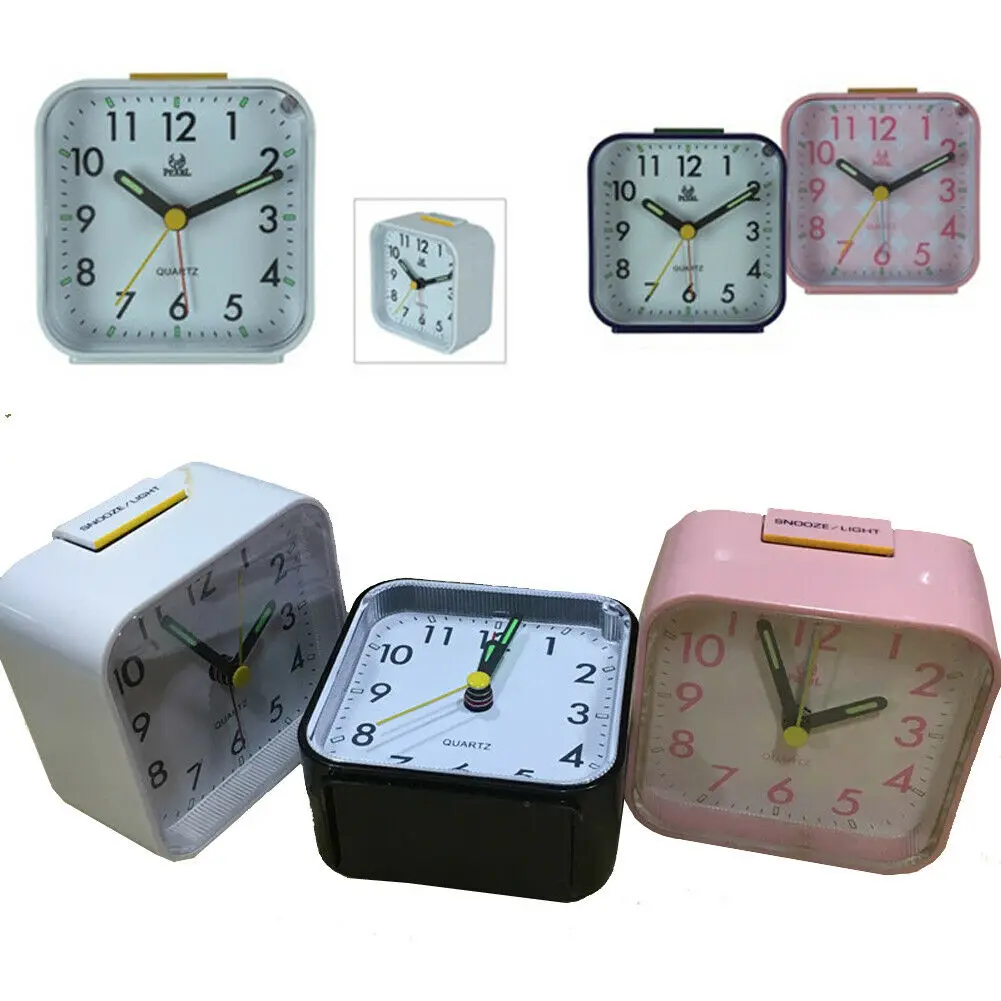 

New Arrival Silent Sweep Alarm Clock Small Snooze Night Glow Quartz Movement Bedside Travel Quartz Beep Square Alarm Clock
