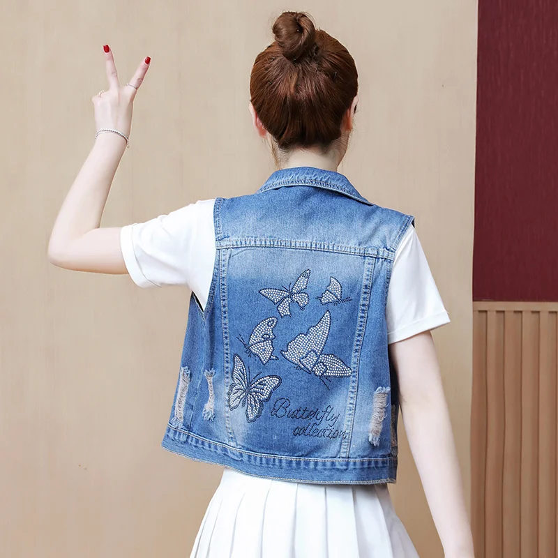 

#3331 Spring Summer Women's Vest Waistcoat Holes Denim Vest Women Diamonds Butterfly Short Vests Female Single Sleeveless Jacket