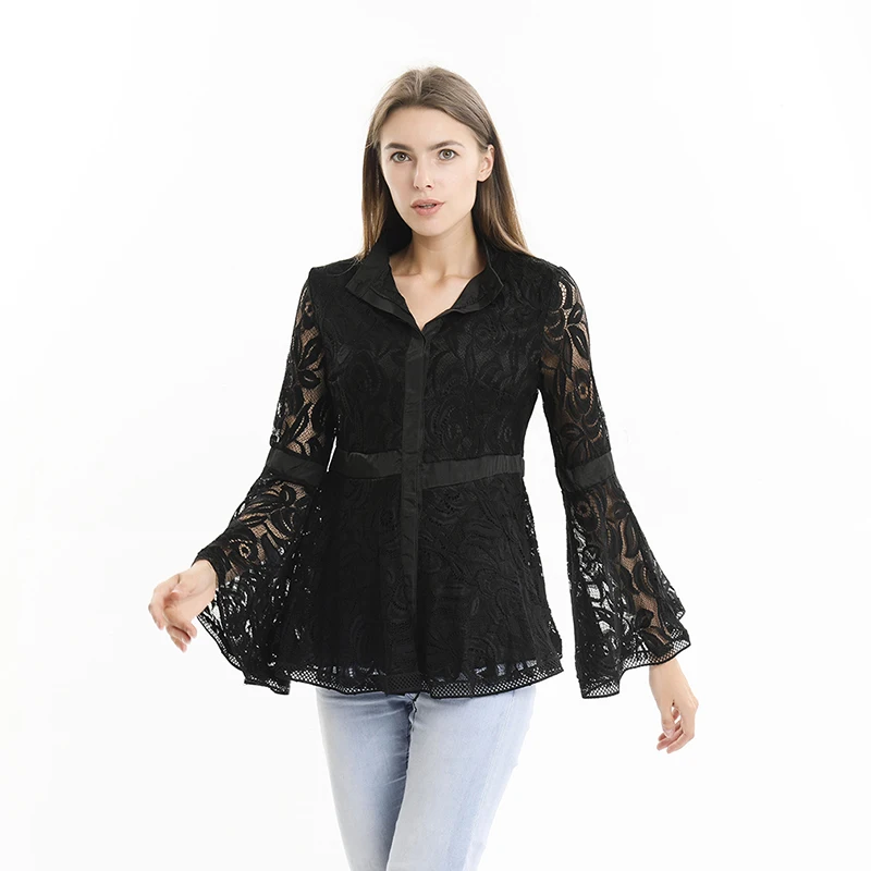 black Women Lace Sexy Hollow Out Flared Sleeve Blouses Lady Black Patchwork Print Shirts Blusas Mujer De Moda - Цвет: black
