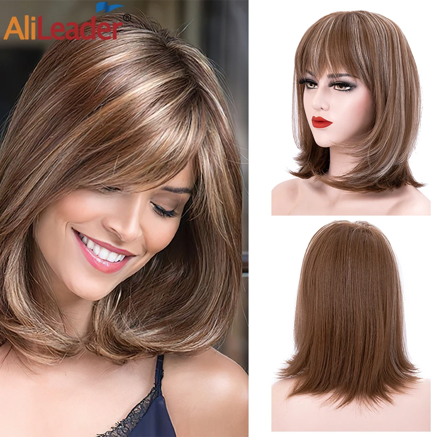 Graceful Synthetic Women's Wig With Bangs Bob Short Wigs Mixed White Gray Blonde For Women 8 14Inch Straight Hair Daily Style