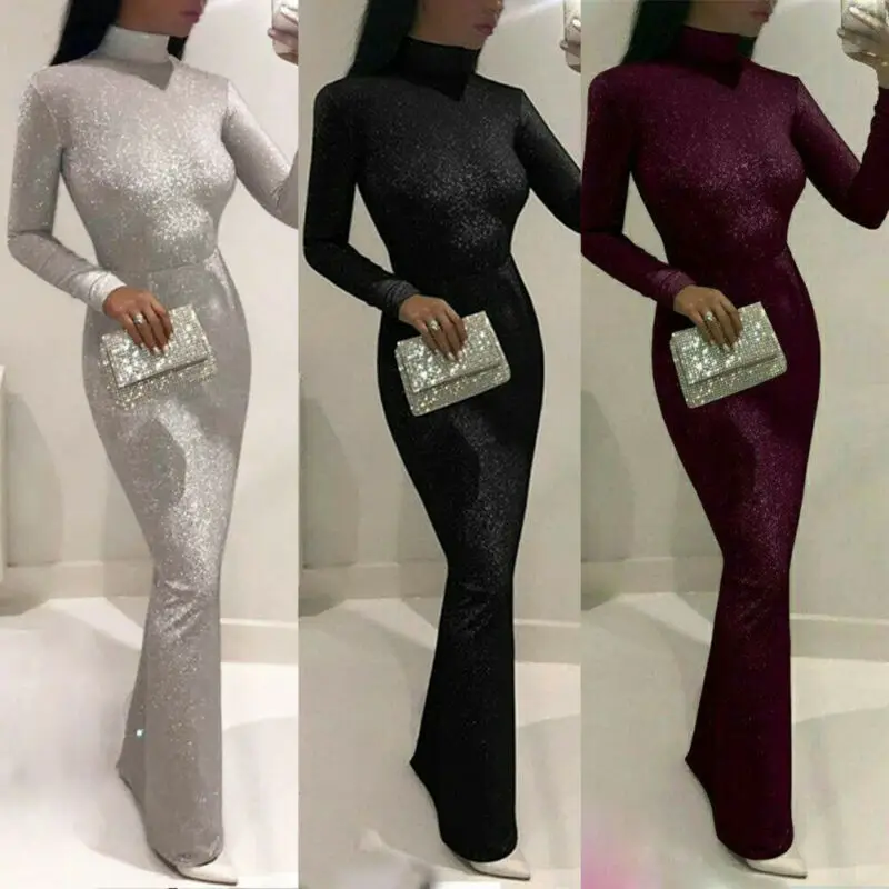 Женское блестящее однотонное длинное платье женские облегающие вечерние платья