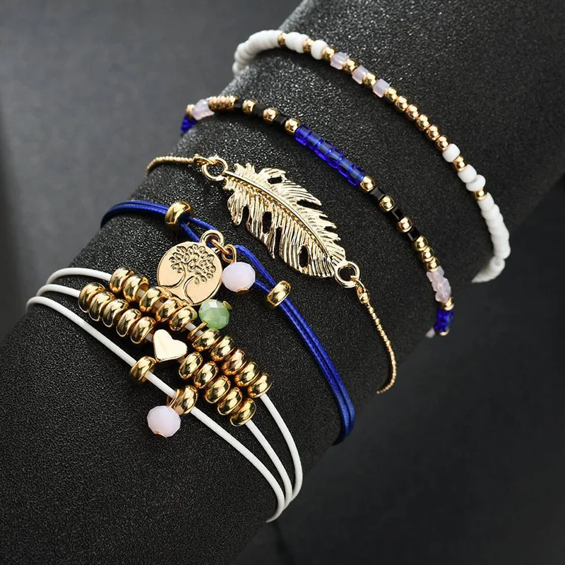 

5PCS/SET Gold Feather Bracelets&Bangles For Women Charm Female Trendy Bracelets Friendship Crystal Jewelry diy Bracelet BT200249