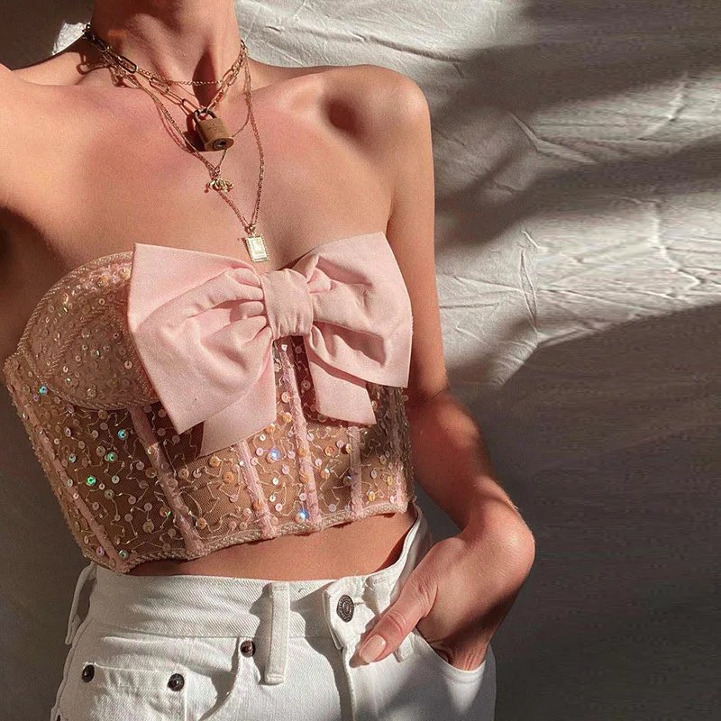 

Hjwsfdcai Sequins Sweet Women Pink Bow Mesh Bodycon Lingerie Bralette Party Cute Crop Top Retro Perspective Punk Club Bra Top