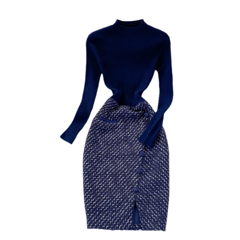 

High end light luxury elegant Celebrity elastic medium long stand collar knit stitched tweed waist closing bottom dress