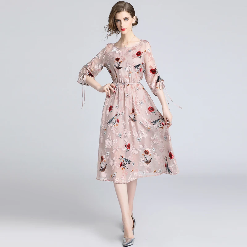 

Rushed Embroidery Summer Dress Lantern Sleeve O-Neck Chiffon Streetwear Dresses Floral Three Quarter Birthday Dress for Women