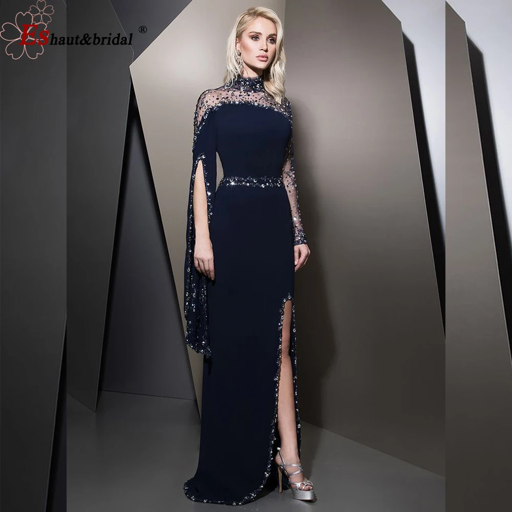 

Вечернее платье с высоким воротом 2020 Дубай с длинными рукавами элегантные бусины Блестки ручной работы Русалка С Боковым Разрезом вечерние...