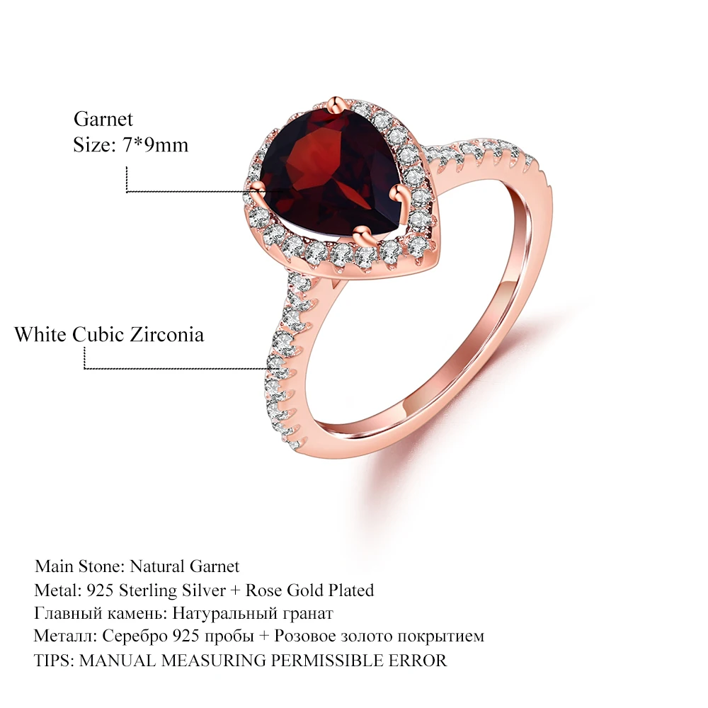 

GEM'S BALLET Rose Gold 4 prong pear halo Ring 925 Sterling Silver Natural Garnet/Topaz/Sapphire Gemstone Rings For Women Jewelry