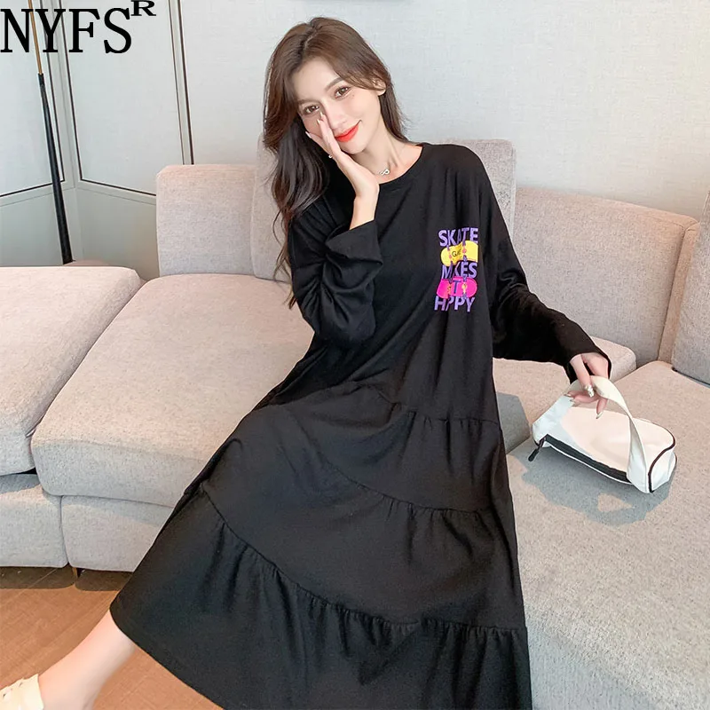 

NYFS 2021 Autumn New Korean Loose Large Size Woman Dress Vestidos Robe Elbise Fashion Letter Printing Long Dress