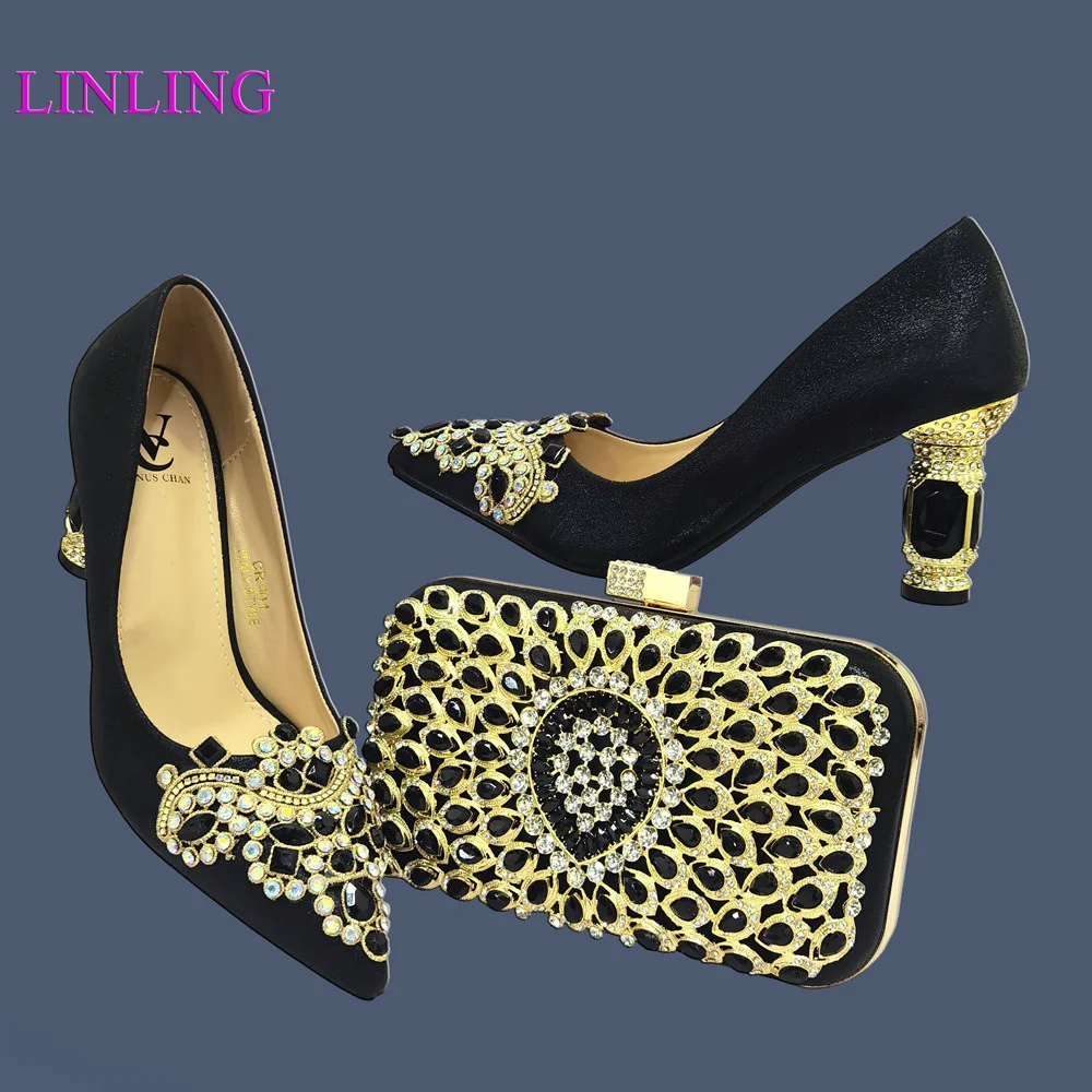 

Nable Sweet Nigerian Ladies Shoes and Bag Set in Silver Color Pointed Toe Comfortable Heels with Shinning Crystal for Party