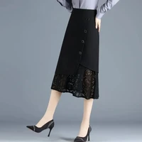 summer black fishtail lace stitching skirt female 2021 a line elastic high waist drape mid long skirts package hip sexy women