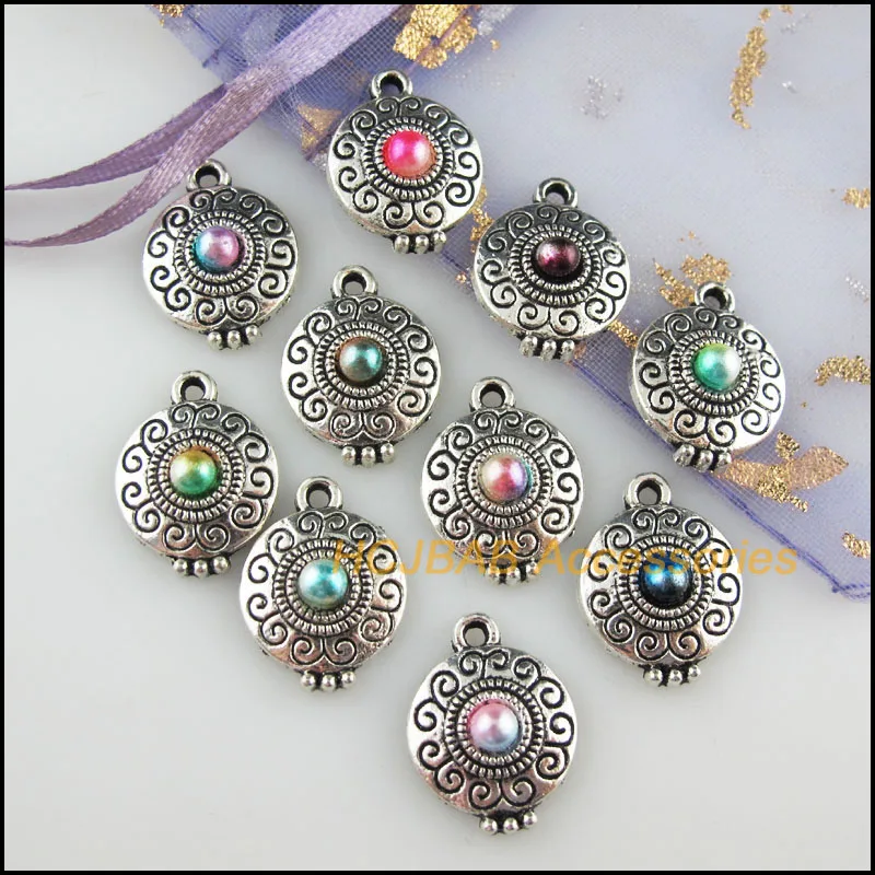 

10Pcs Tibetan Silver Tone Round Mixed Acrylic Flower Charms Pendants 14x18.5mm