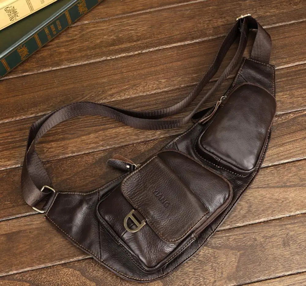 Мужские нагрудные сумки из натуральной кожи через плечо с несколькими карманами