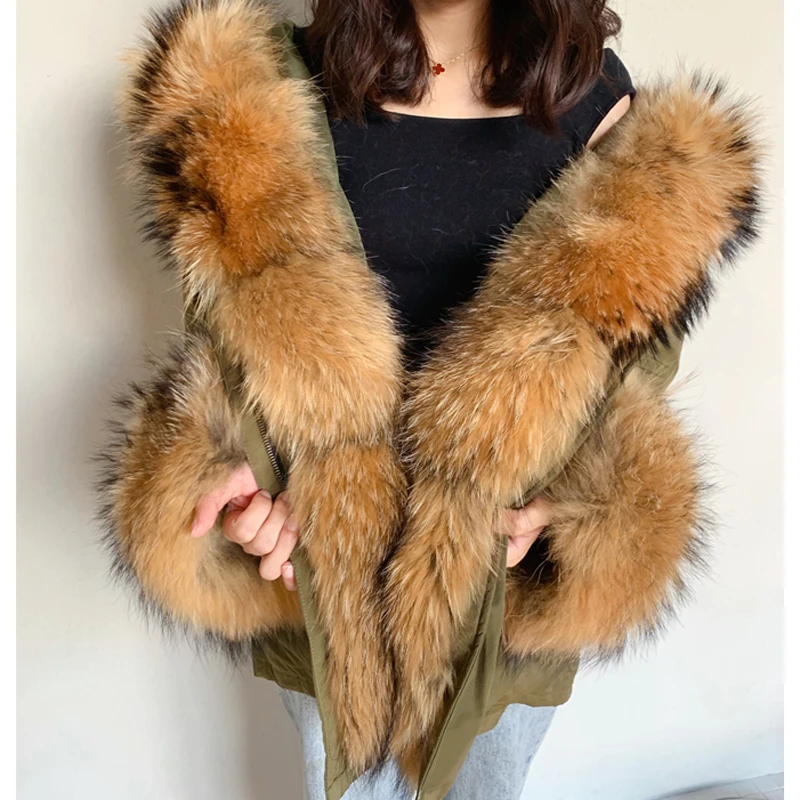 Роскошная женская меховая одежда на утином пуху енота куртки средней длины с